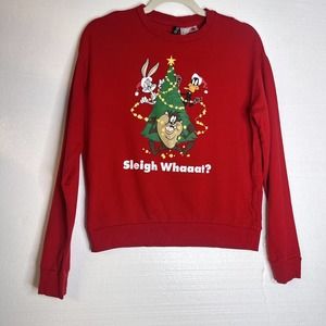Divided H&M Christmas Taz Daffy Duck Bugs Bunny Sleigh Whaaat Red Shirt small